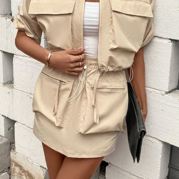 Khaki Casual Womens Flap Pocket Drawstring Hem Jacket & Skirt - Picture 4 of 5